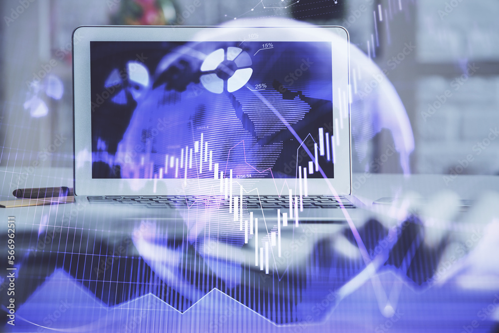 Poster financial market graph hologram and personal computer on background. double exposure. concept of for