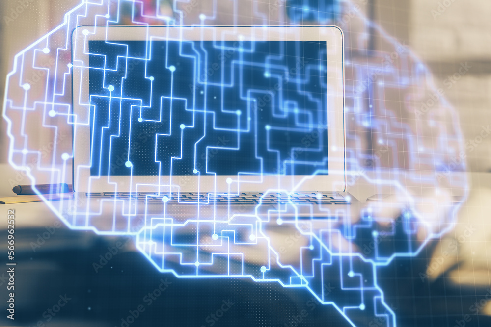 Poster Double exposure of work space with computer and human brain drawing hologram. Brainstorm concept.