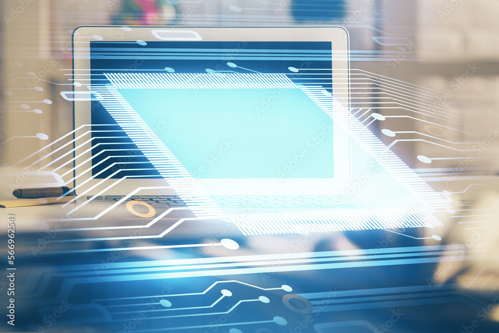 Aufkleber Multi exposure of desktop computer and technology theme hologram. Concept of software development.