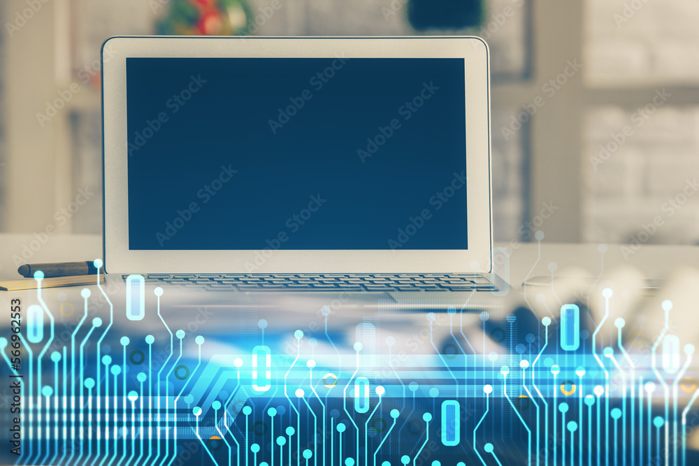 Poster Multi exposure of desktop computer and technology theme hologram. Concept of software development.