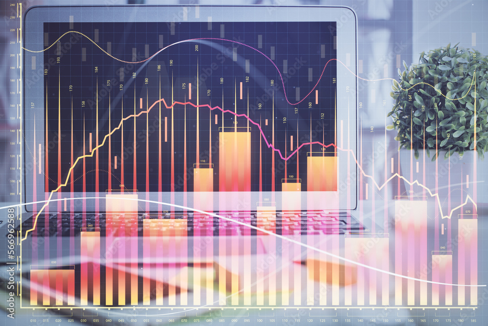 Poster financial market graph hologram and personal computer on background. multi exposure. concept of fore