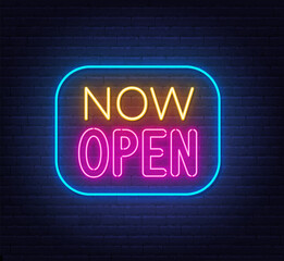 Now Open neon sign in frame on brick wall background.