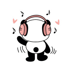 Cute panda loves listening to music with headphones. Illustration in a modern style for clothing, printing, labels, stickers, surface design. White background.