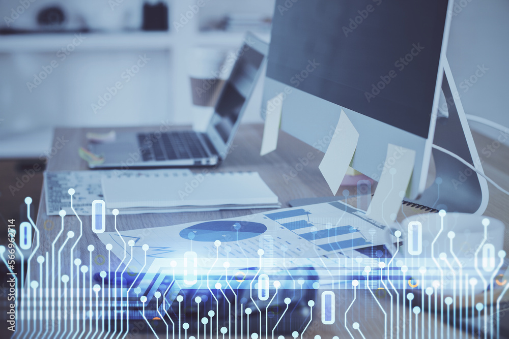 Leinwandbilder double exposure of desktop computer and technology theme hologram. concept of software development.