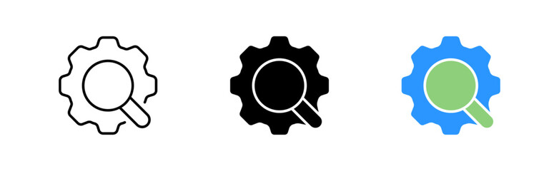 Settings icon set. Magnifying glass, research, mechanism, pans, personalization, options, builder, research, fix, tune, sort. The concept of parameters. Vector line icon in different styles