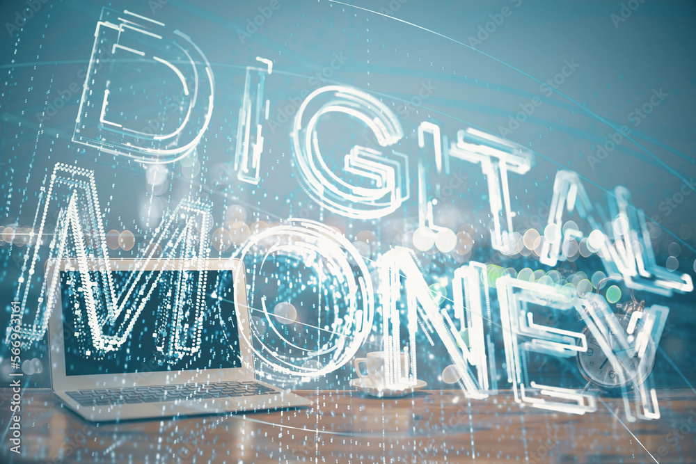 Poster Multi exposure of blockchain theme hologram and table with computer background. Concept of bitcoin crypto currency.