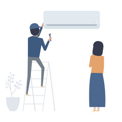 故障したエアコンを修理する業者と見守る女性客のイラスト素材｜mayucolor03