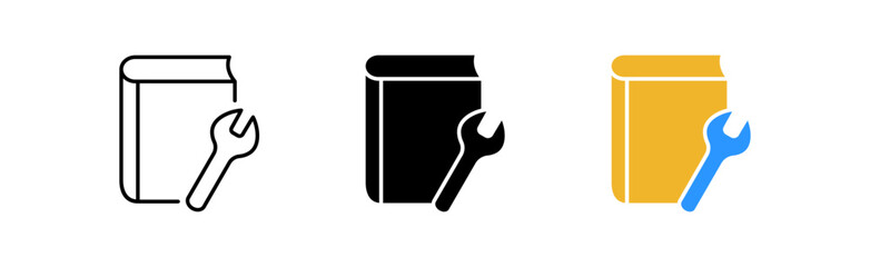 Instruction icons set. Book, wrench, text, knowledge, story, printed edition, author, leisure, development, content, literature. information concept. vector line icon in different styles