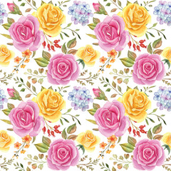 Seamless pattern with rose and leaves.Seamless watercolor floral pattern, the floral pattern for wallpaper or fabric, wrappers, postcards, greeting cards, wedding invitations. Flower rose.