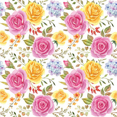 Seamless pattern with rose and leaves.Seamless watercolor floral pattern, the floral pattern for wallpaper or fabric, wrappers, postcards, greeting cards, wedding invitations. Flower rose.