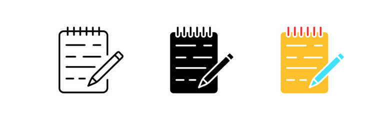 Note icons set. Abstract, notepad, notes, documents, notebook, book, note, visualization, paper, pen, message, form. information concept. vector line icon in different styles