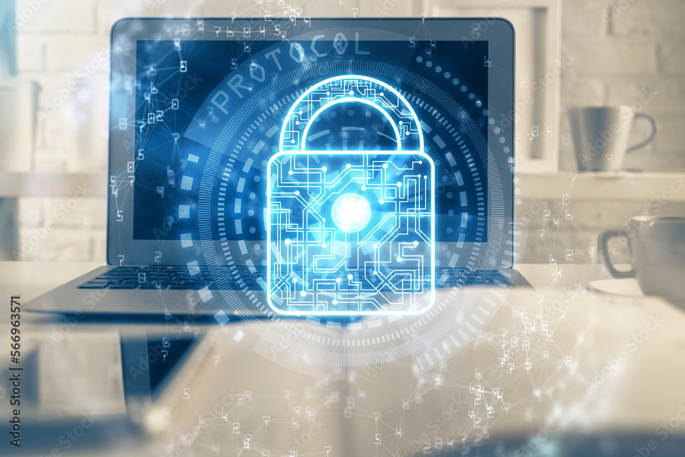 Aufkleber Double exposure of desktop with computer and lock icon hologram. Concept of data safety.