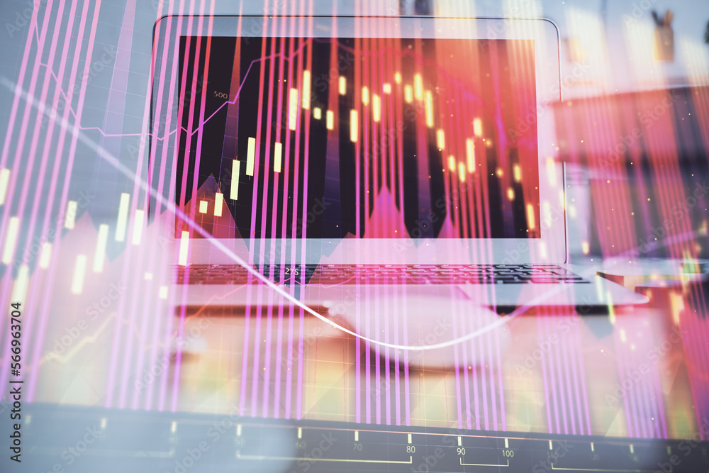 Poster financial market graph hologram and personal computer on background. double exposure. concept of for