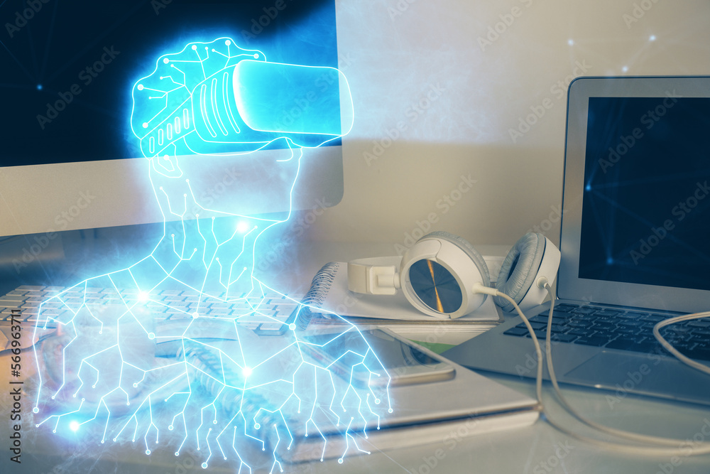 Poster Computer on desktop with AR theme icon. Multi exposure. Concept of augmented reality.