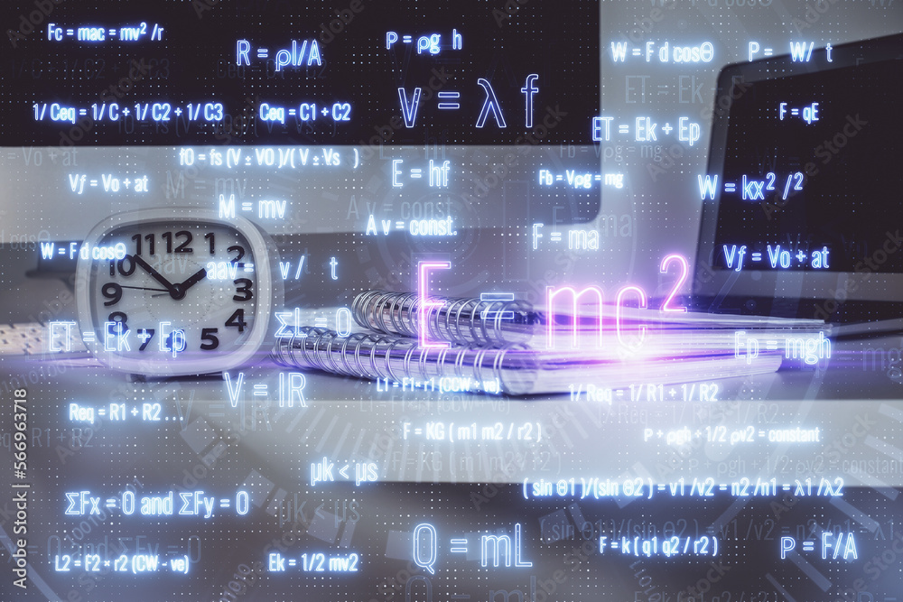 Poster desktop computer background and formula hologram writing. double exposure. education concept.