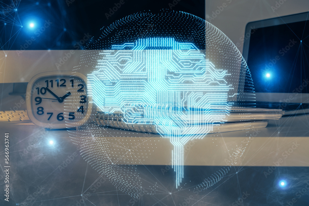 Aufkleber Double exposure of table with computer and brain hologram. Data innovation concept.