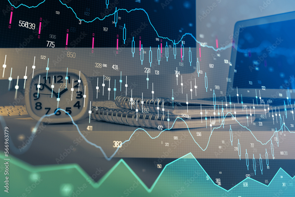 Poster financial market graph hologram and personal computer on background. double exposure. concept of for