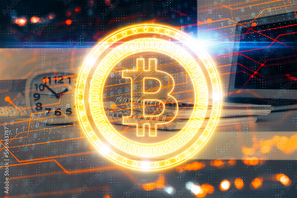 Poster Multi exposure of blockchain theme hologram and table with computer background. Concept of bitcoin crypto currency.
