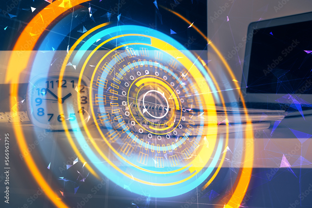 Poster computer on desktop in office with technology theme hologram. multi exposure. tech concept.