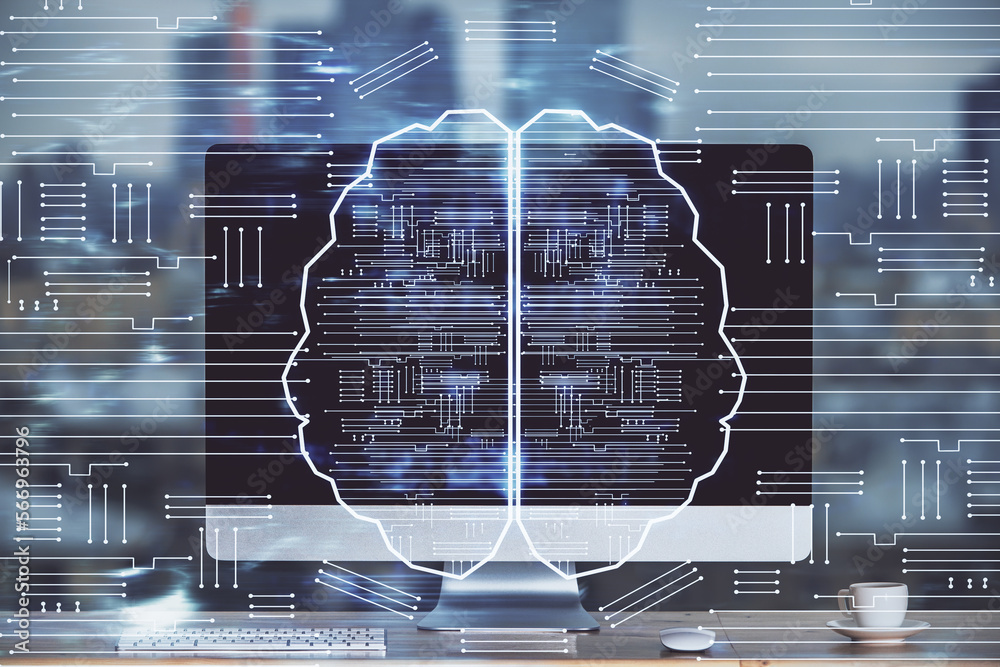 Aufkleber Double exposure of table with computer and brain hologram. Data innovation concept.