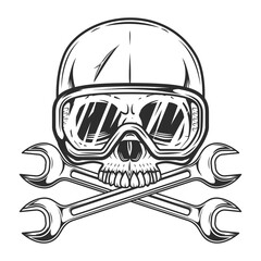 Vintage half skull in glasses with body shop service car and truck mechanic repair tool crossed wrench or construction for gas and builder plumbing pipe spanner illustration