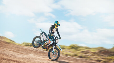 Motorcross, offroad driving and sports on sky for freedom. Driver, cycling and power on dirt track,...