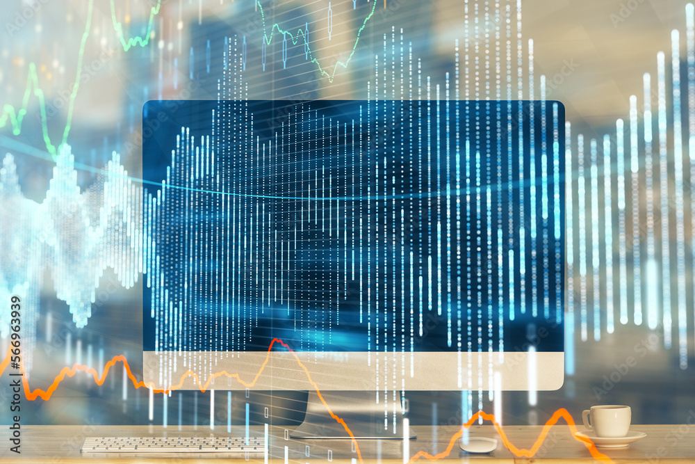 Poster financial market graph hologram and personal computer on background. multi exposure. concept of fore