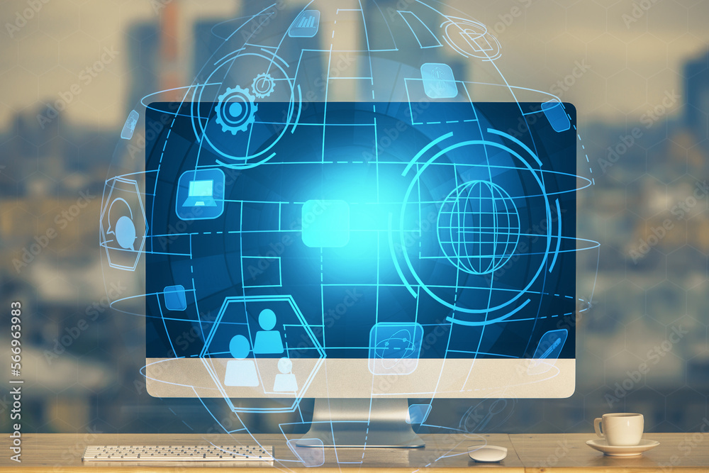 Aufkleber computer on desktop with social network theme icon. multi exposure. concept of international connect