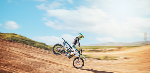 Motorcross, offroad speed and sports on sky for freedom, action or fearless driving. Driver,...