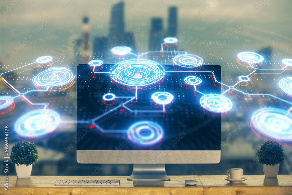 Poster Computer on desktop with social network theme icon. Multi exposure. Concept of international connections.