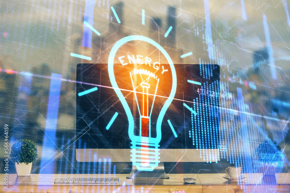 Poster Computer on desktop in office with bulb icon hologram. Multi exposure. Concept of idea.