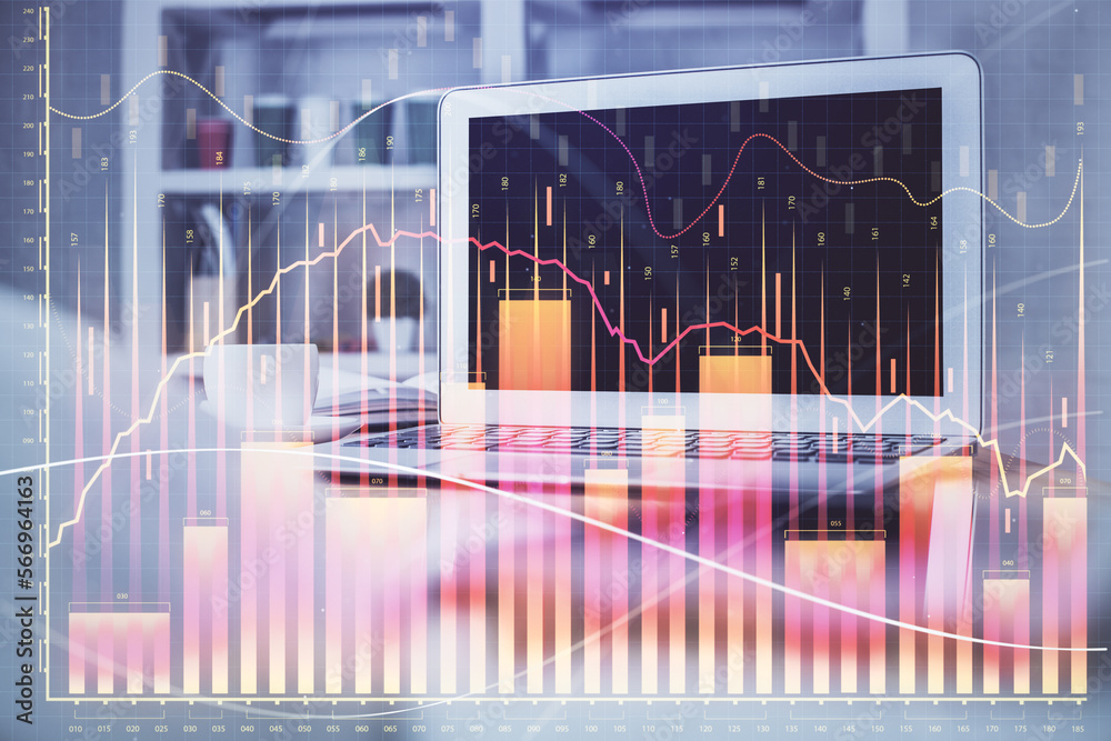 Poster financial market graph hologram and personal computer on background. multi exposure. concept of fore