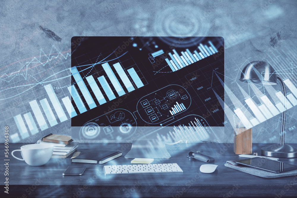Poster financial market graph hologram and personal computer on background. multi exposure. concept of fore