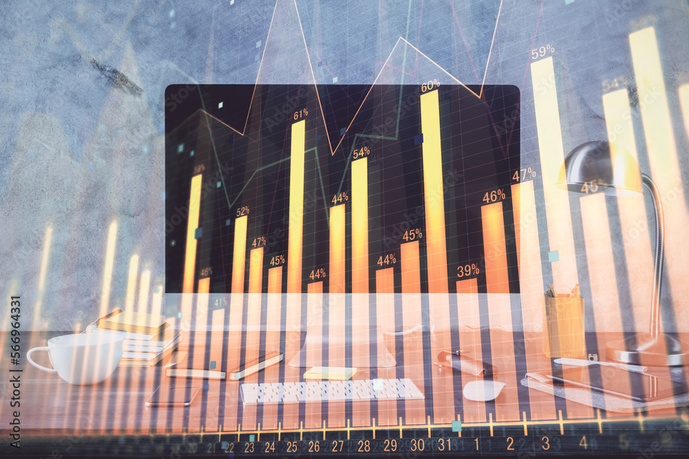 Poster financial market graph hologram and personal computer on background. double exposure. concept of for