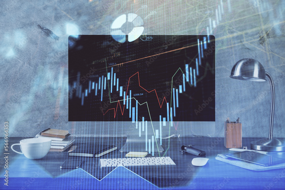 Poster financial market graph hologram and personal computer on background. double exposure. concept of for