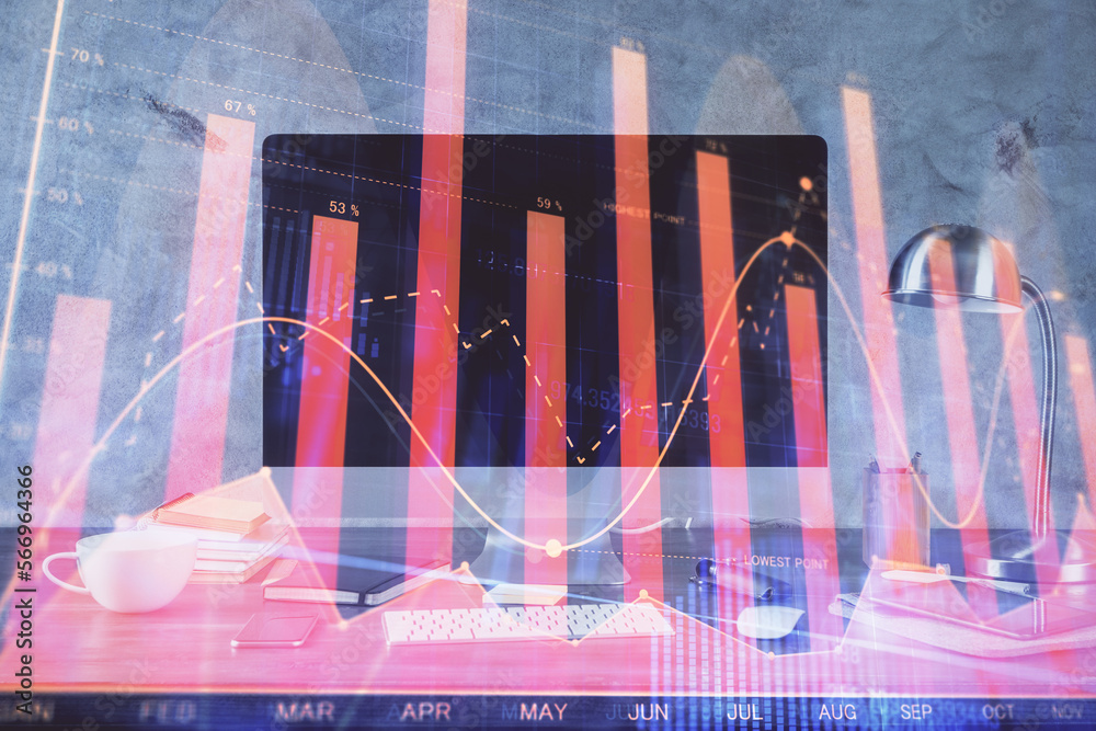 Poster financial market graph hologram and personal computer on background. multi exposure. concept of fore