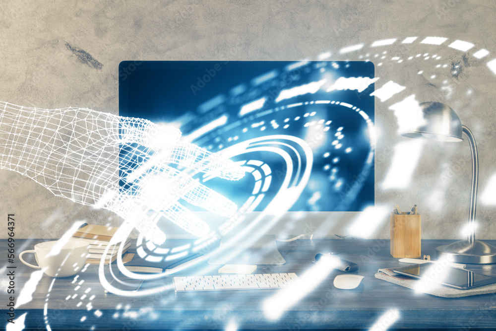 Poster Technology theme drawing and table with computer. Double exposure. Concept of information.