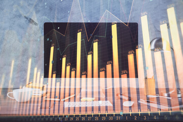 Financial market graph hologram and personal computer on background. Double exposure. Concept of forex.