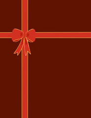 Top view of a red-tied bow ribbon wrapping around a dark red present.