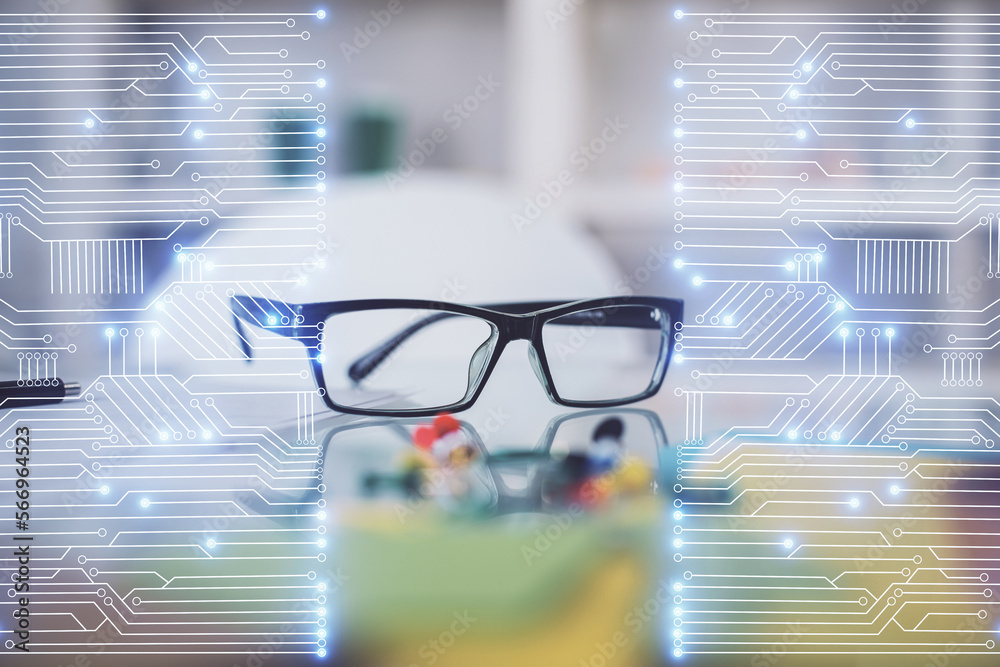 Poster Tech theme hologram with glasses on the table background. Technology concept. Double exposure.