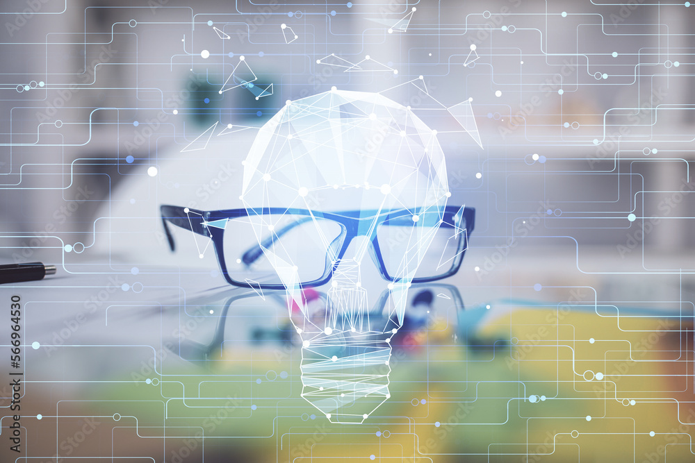 Poster bulb drawing with glasses on the table background. idea concept. double exposure.