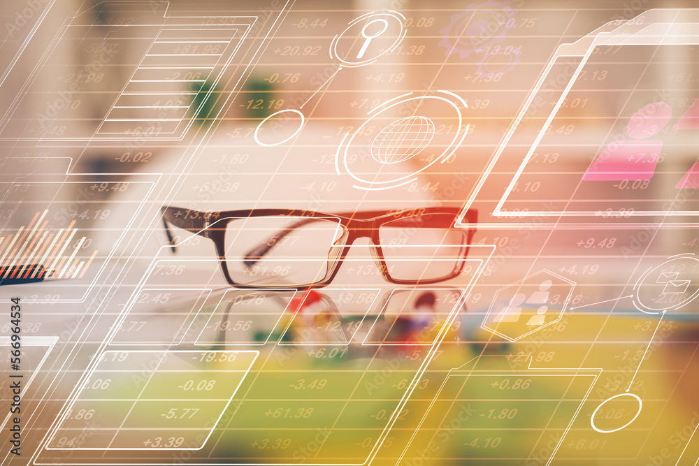 Poster Data tech hologram with glasses on the table background. Concept of technology. Double exposure.