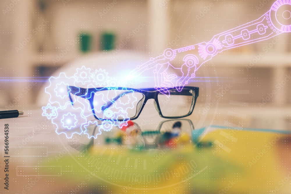 Aufkleber data tech hologram with glasses on the table background. concept of technology. double exposure.
