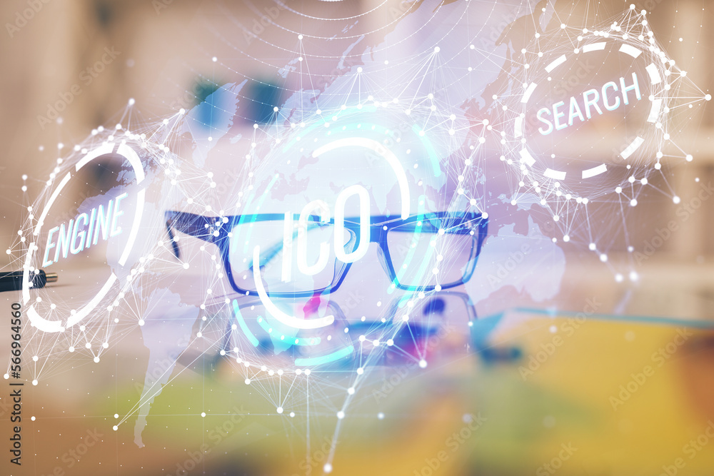 Poster Crypto theme hologram with glasses on the table background. Concept of blockchain. Double exposure.