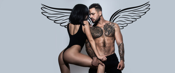 Angels couple, valentines day photo banner. Young lovers couple sensual embracing. Beautiful woman...