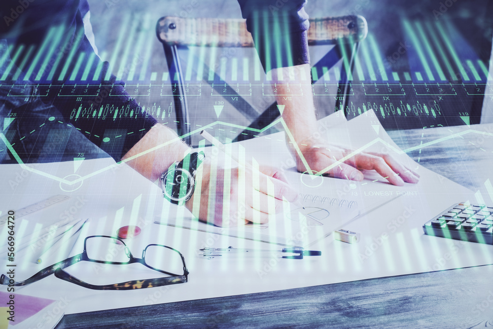 Poster writing man with technology icons. . double exposure. network and data concept.
