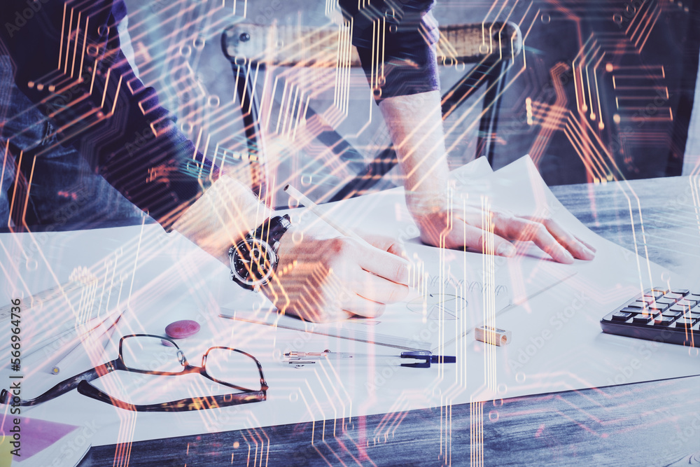 Poster close up of human hands and abstract innovative technologies for industries. double exposure.