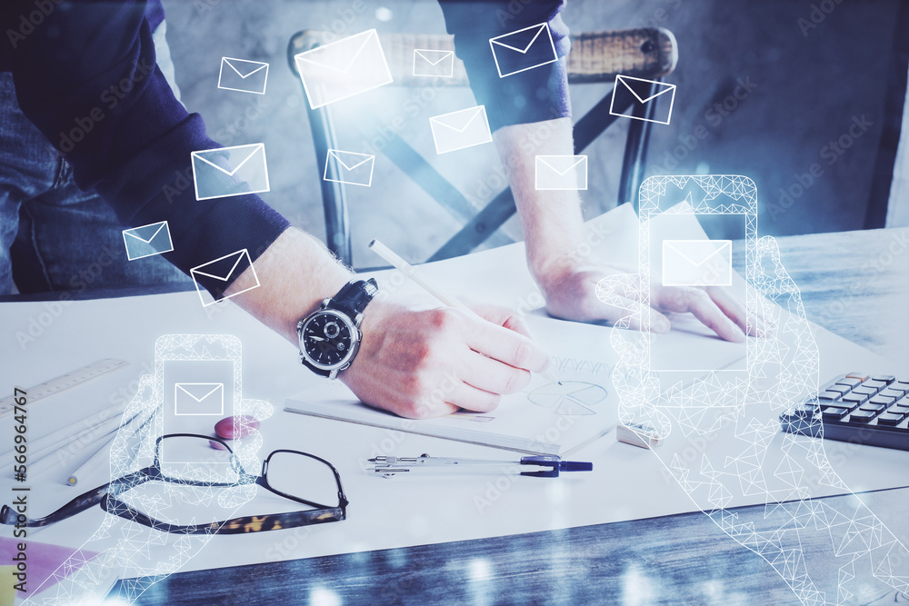 Poster Polygonal hands using tablet with abstract e-mail network. Communication concept. Double exposure.