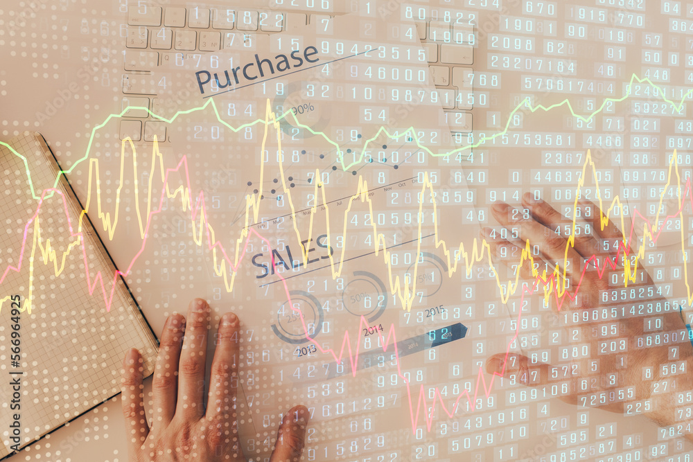 Poster FOREX chart multi exposure with work table background.