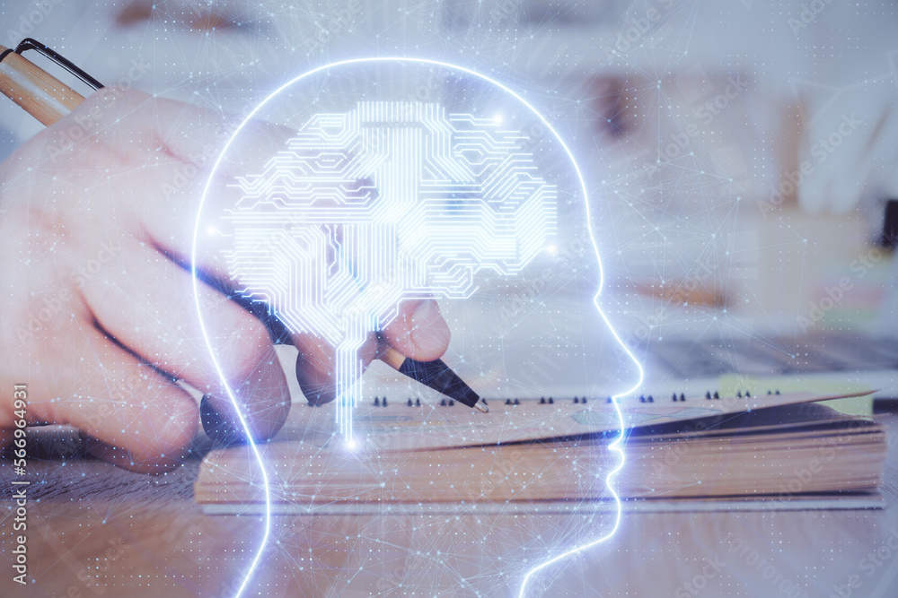 Poster haman brain multi exposure icon with man hands background.